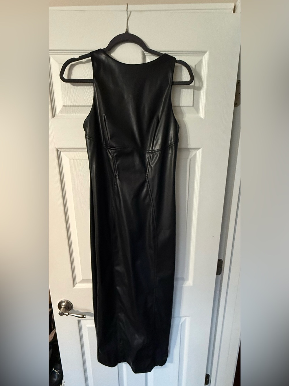 Sleek Black Faux Leather Midi Dress